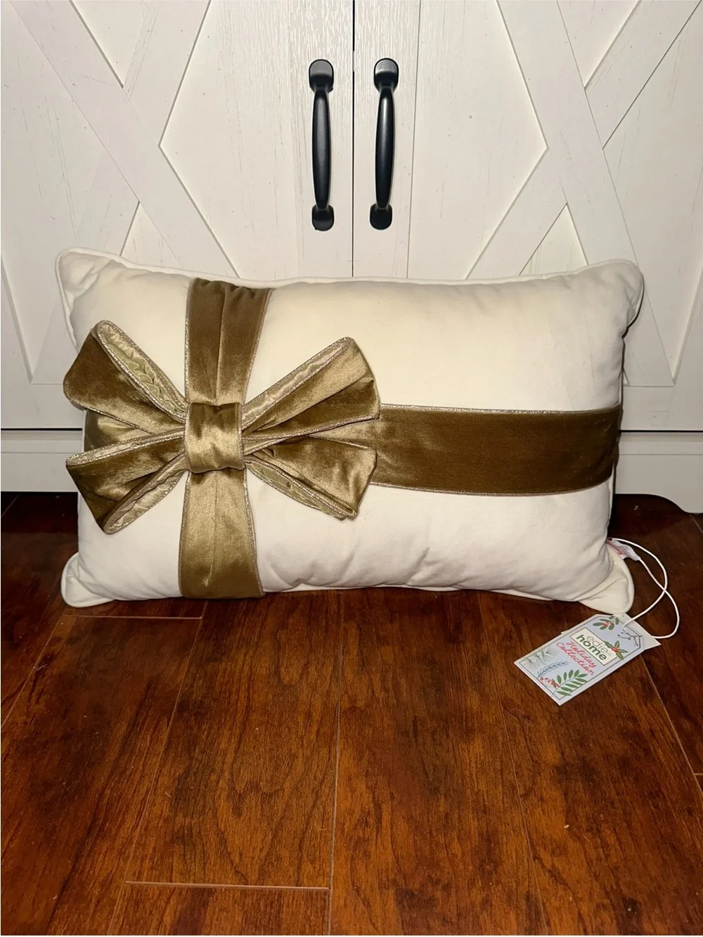 Velvet Christmas Present Decorative Pillow with Holiday Gold Bow Accent
